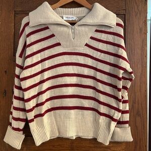 Indi & Cold striped zip sweater in an off-white/beige and red